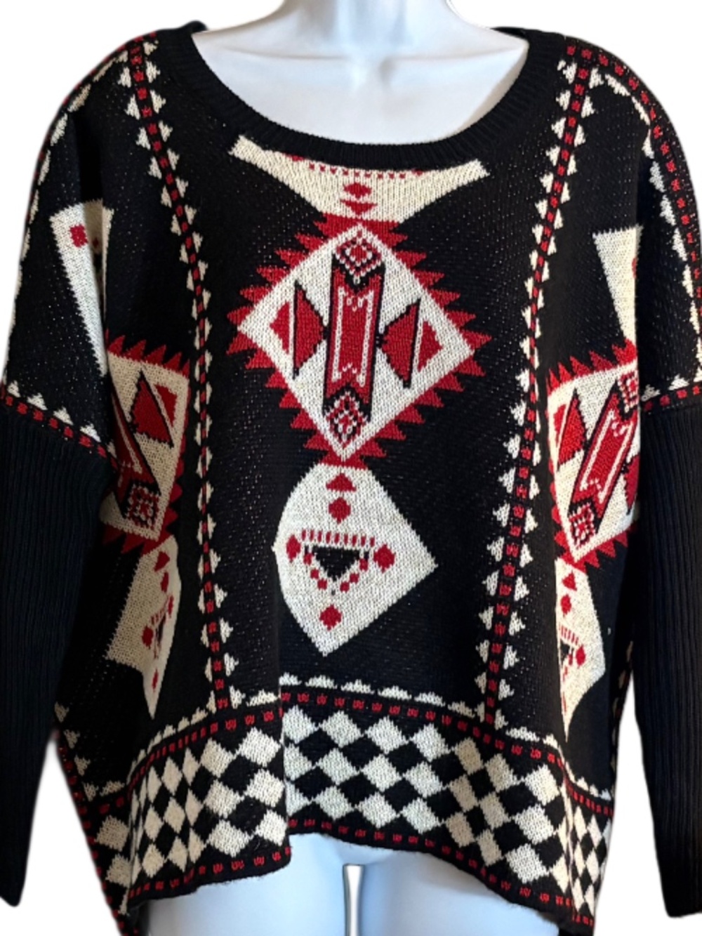 Romeo + Juliet Couture Aztec Sweater Boho Western Oversized Knit Black Red M Nwt